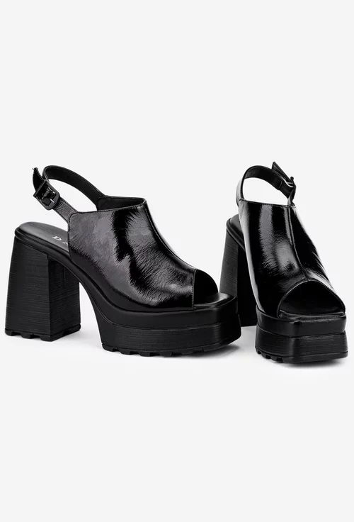 Sandale dama din piele lacuita neagra cu platforma