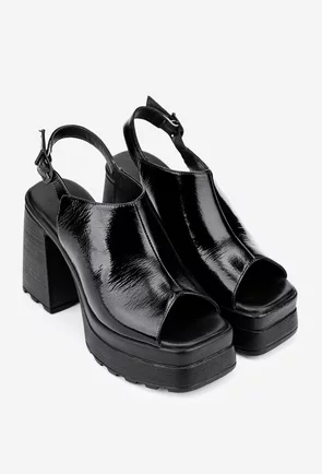 Sandale dama din piele lacuita neagra cu platforma