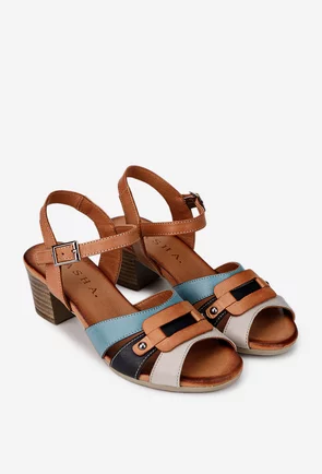 Sandale dama din piele maro cu barete multicolore