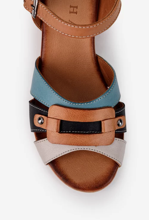 Sandale dama din piele maro cu barete multicolore