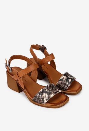 Sandale dama din piele maro cu detaliu snake print
