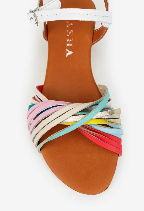 Sandale dama din piele naturala alba cu barete multicolore