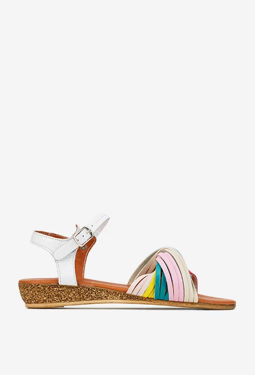 Sandale dama din piele naturala alba cu barete multicolore