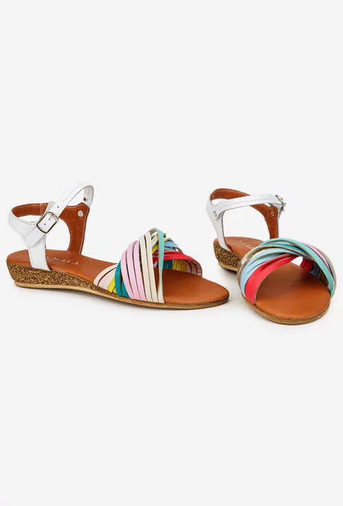 Sandale dama din piele naturala alba cu barete multicolore