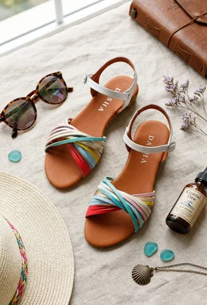 Sandale dama din piele naturala alba cu barete multicolore