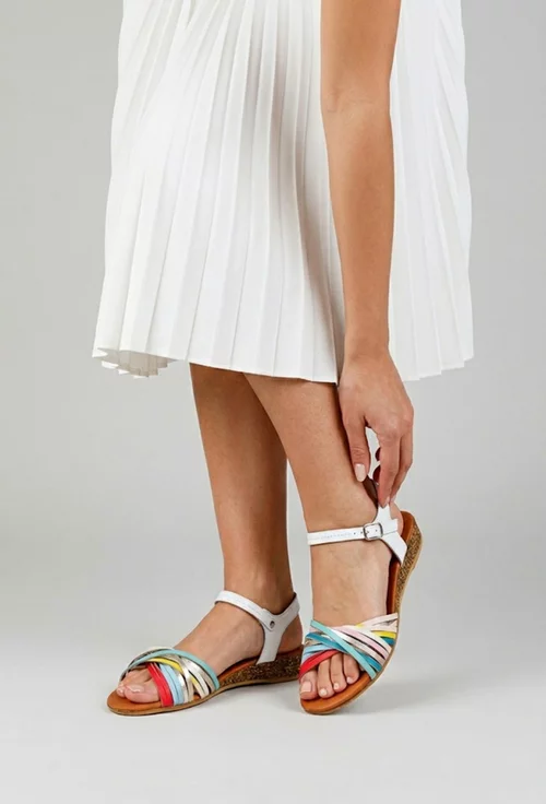 Sandale dama din piele naturala alba cu barete multicolore