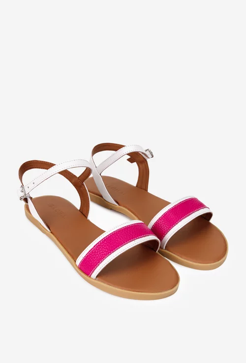 Sandale dama din piele naturala alba cu fuchsia