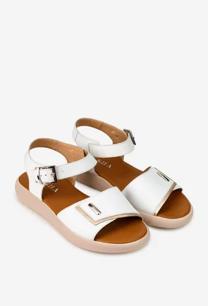 Sandale dama din piele naturala alba cu insertie aurie