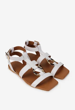 Sandale dama din piele naturala alba cu ornament