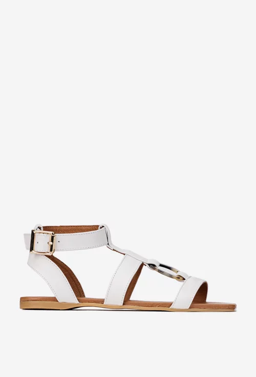 Sandale dama din piele naturala alba cu ornament