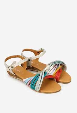 Sandale dama din piele naturala bej cu barete multicolore