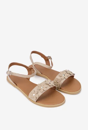 Sandale dama din piele naturala bej cu ornament flori