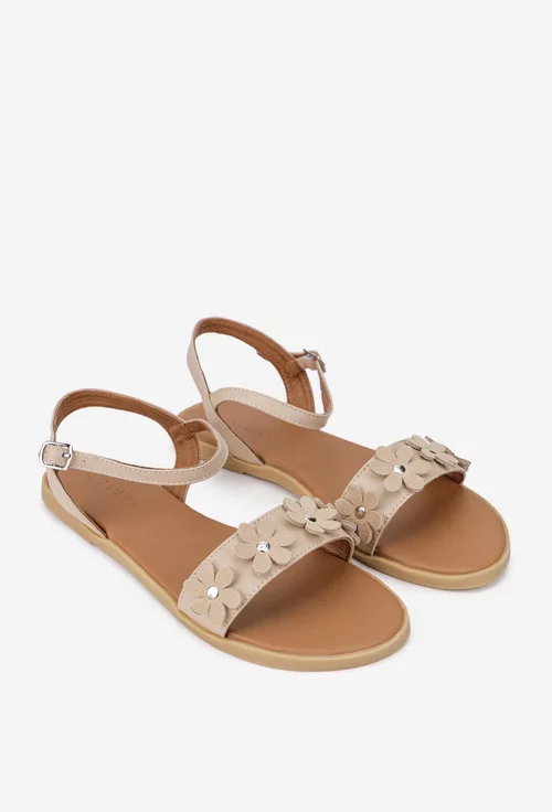 Sandale dama din piele naturala bej cu ornament flori