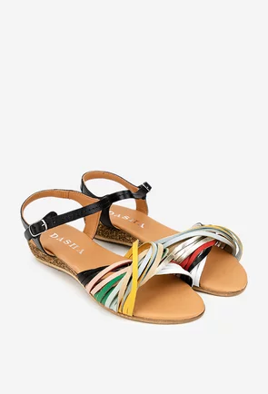 Sandale dama din piele naturala neagra cu barete multicolore
