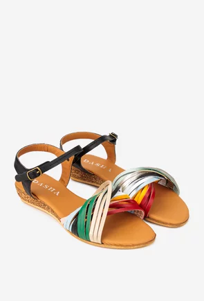 Sandale dama din piele naturala neagra cu barete multicolore