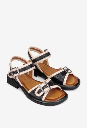 Sandale dama din piele naturala neagra cu model