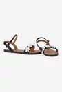 Sandale dama din piele naturala neagra cu ornament flori albe