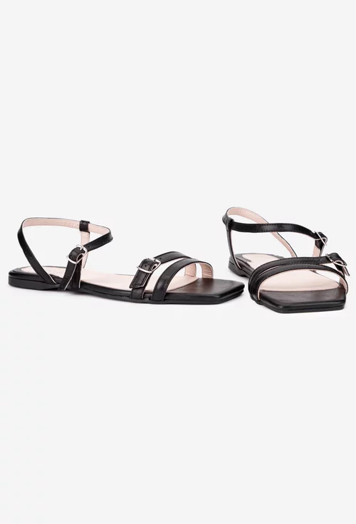 Sandale dama din piele naturala neagra cu varful patrat