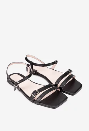 Sandale dama din piele naturala neagra cu varful patrat