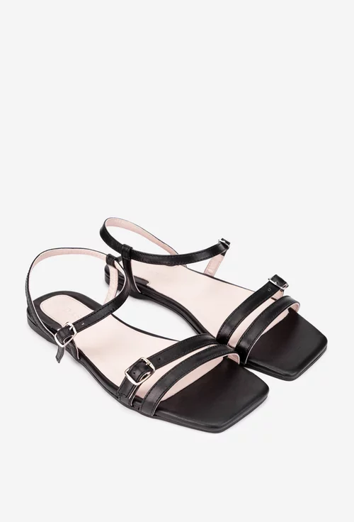 Sandale dama din piele naturala neagra cu varful patrat