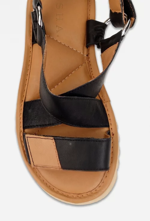 Sandale dama din piele neagra cu detalii maro