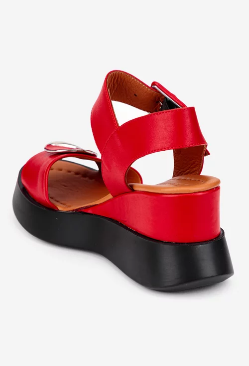Sandale dama din piele rosie cu barete late si catarama