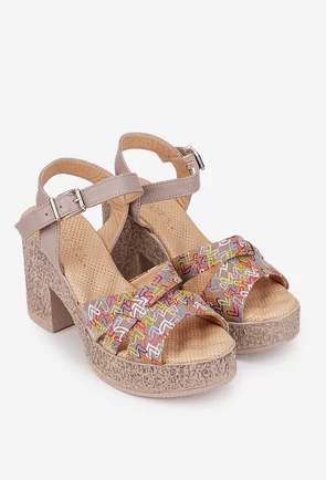 Sandale dama din piele taupe cu imprimeu colorat si platforma