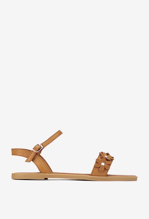 Sandale dama din piele texturata maro cu ornament flori