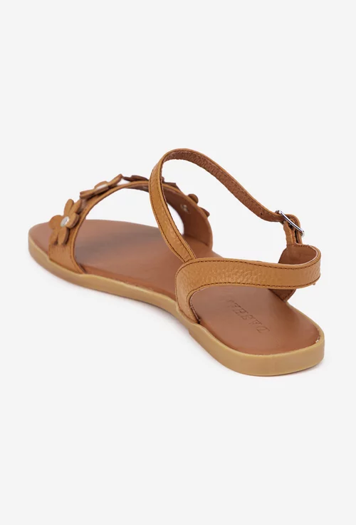Sandale dama din piele texturata maro cu ornament flori