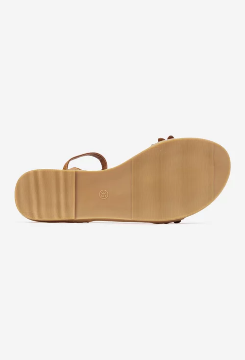 Sandale dama din piele texturata maro cu ornament flori