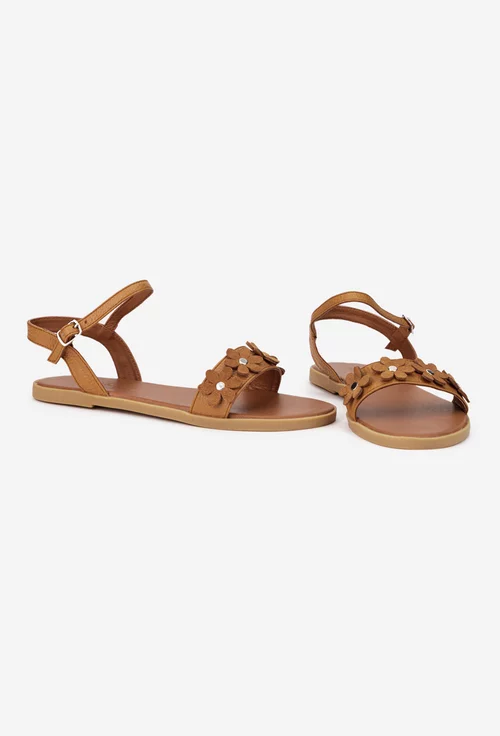 Sandale dama din piele texturata maro cu ornament flori