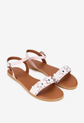 Sandale dama din piele texturata roz pudra cu ornament flori
