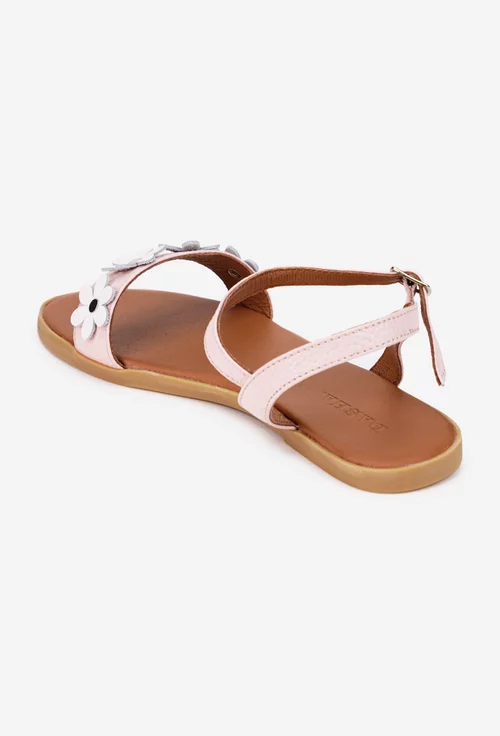 Sandale dama din piele texturata roz pudra cu ornament flori