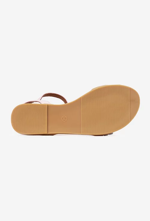 Sandale dama din piele texturata roz pudra cu ornament flori