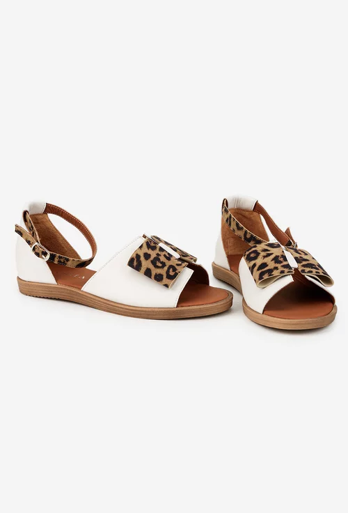Sandale dama ecru din piele naturala cu detalii animal print picture - 6