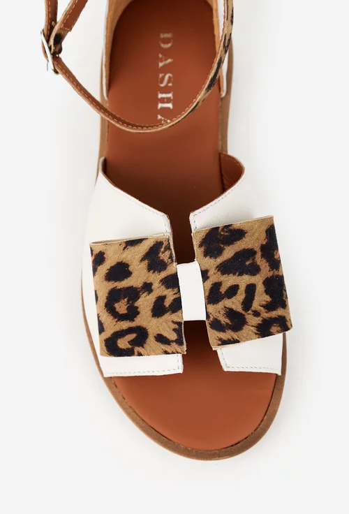 Sandale dama ecru din piele naturala cu detalii animal print picture - 7