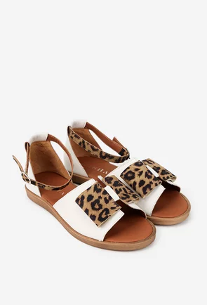 Sandale dama ecru din piele naturala cu detalii animal print