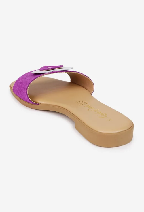 Sandale dama fuchsia din piele intoarsa cu ornament model stil papuc picture - 3