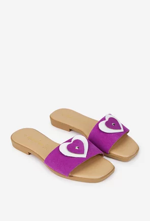 Sandale dama fuchsia din piele intoarsa cu ornament model stil papuc