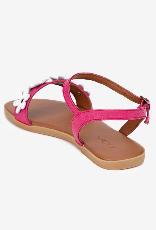 Sandale dama fuchsia din piele texturata cu flori albe