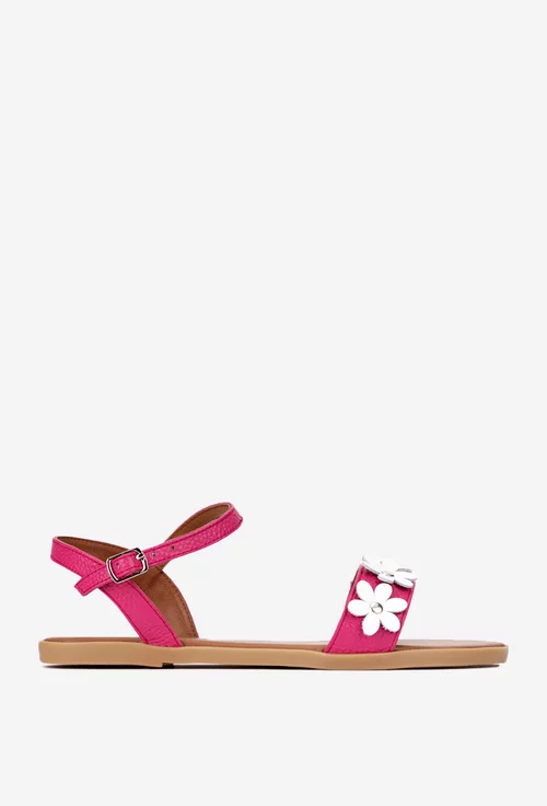 Sandale dama fuchsia din piele texturata cu flori albe