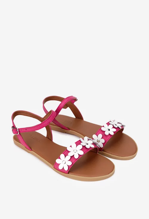 Sandale dama fuchsia din piele texturata cu flori albe