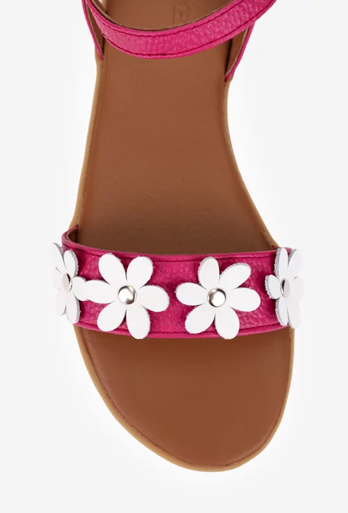 Sandale dama fuchsia din piele texturata cu flori albe