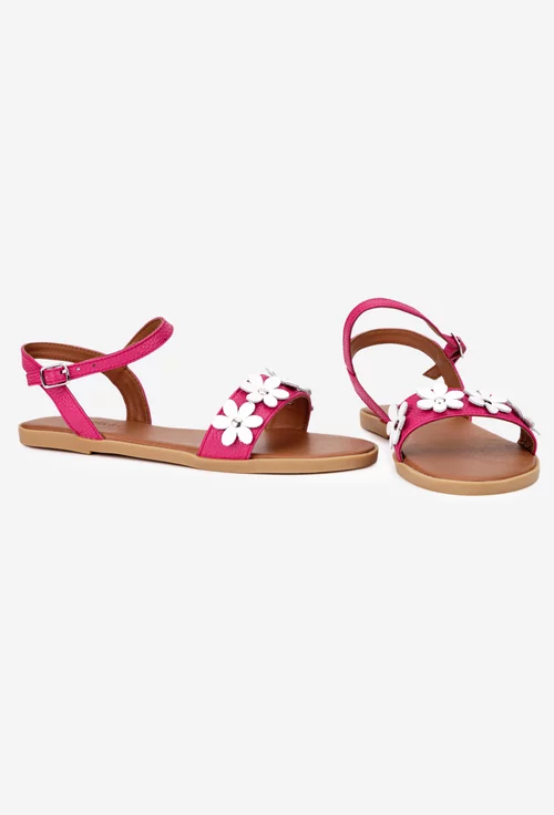 Sandale dama fuchsia din piele texturata cu flori albe