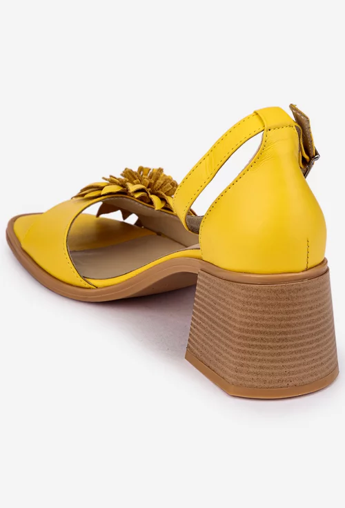 Sandale dama galbene NUR din piele cu ornament floare