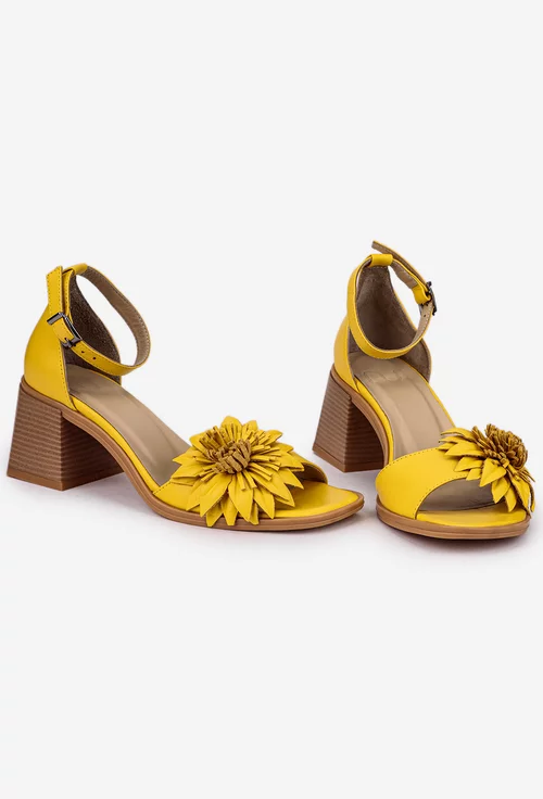 Sandale dama galbene NUR din piele cu ornament floare