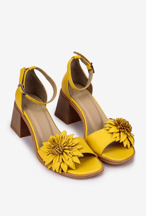 Sandale dama galbene NUR din piele cu ornament floare