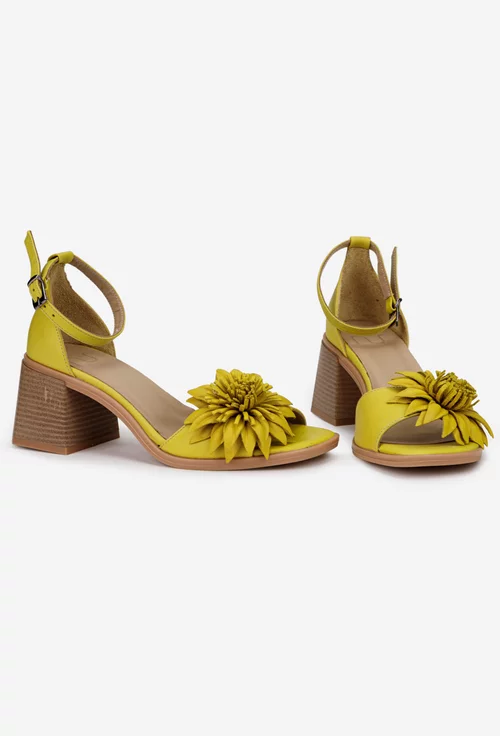 Sandale dama galbene NUR din piele cu ornament floare