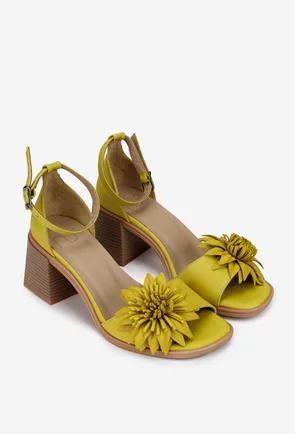 Sandale dama galbene NUR din piele cu ornament floare