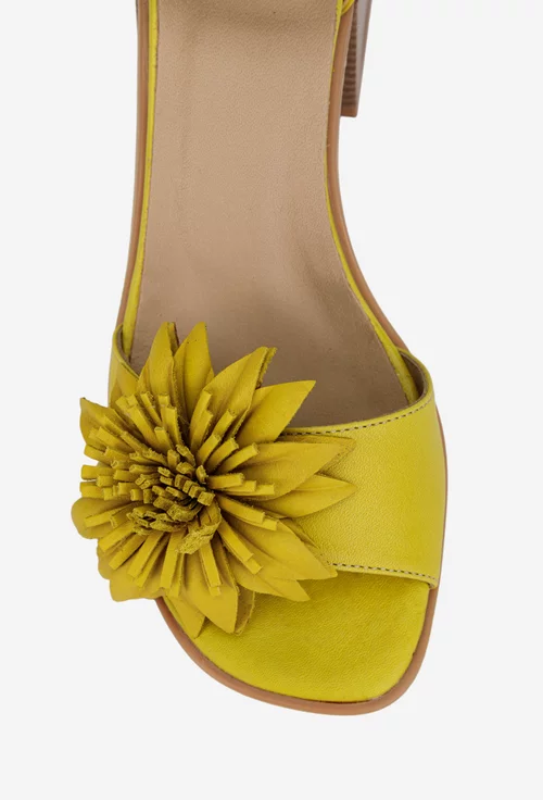 Sandale dama galbene NUR din piele cu ornament floare